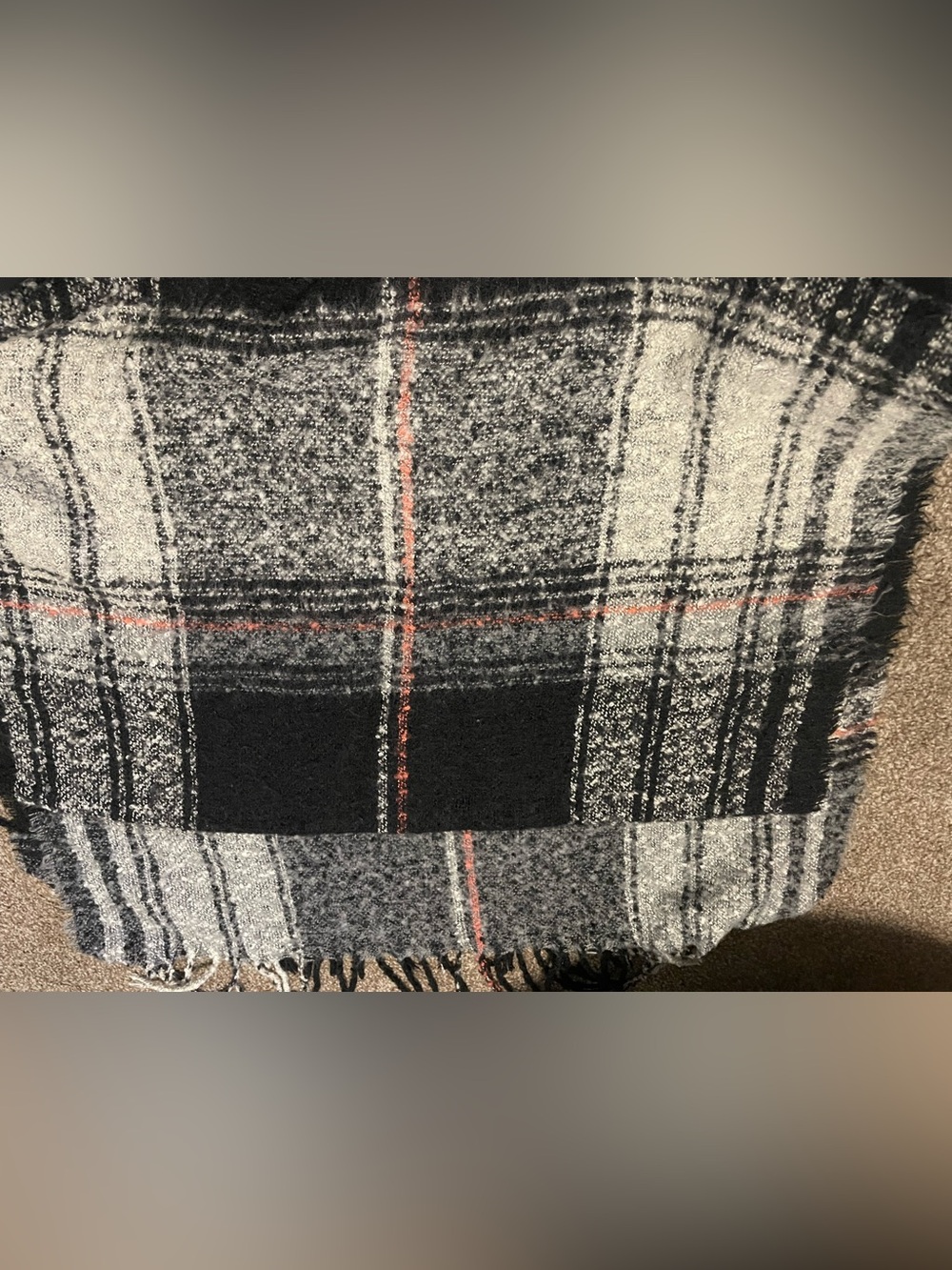 Cozy Plaid Fringe Scarf in Black, Gray & Pink Accent